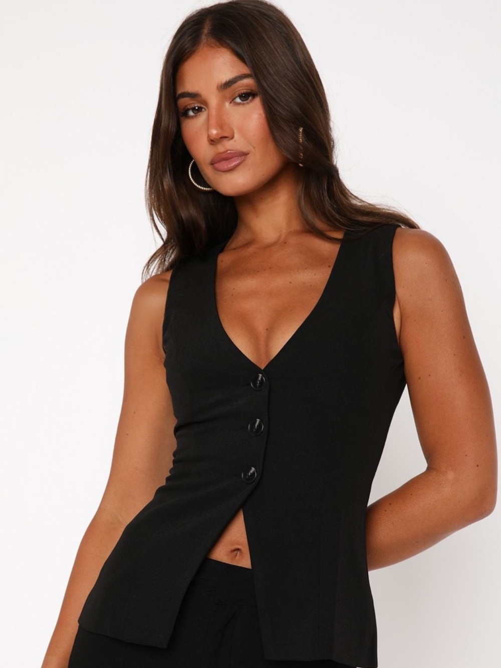 White Fox Boutique Black Button-Front V-Neck Tank